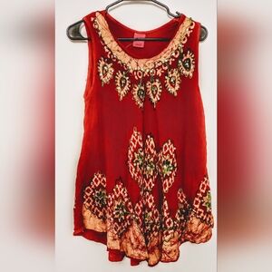 New Embroidered& Tie Died Red/ Maroon Sleeveless Top,One Size, California Woman